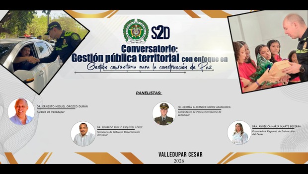 Panelistas conversatorio Gesti&oacute;n P&uacute;blica Territorial con un enfoque comunitario para la construcci&oacute;n de paz, en la ciudad de Valledupar, en el auditorio principal de la Defensor&iacute;a del Pueblo Regional Cesar.